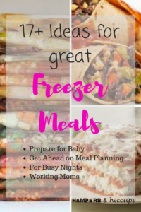 In my constant battle to get ahead for the arrival of our new baby, I've put together a list of easy freezer meals to prepare while nesting. Stock your freezer so you don't have to cook or grocery shop when that new baby comes home! Get ahead for the next busy time in your life. Or just have some meals in the freezer for those evenings when you really don't feel like cooking. Working mom? Even better reason to make a day of prepping some meals. Here's a nice list of some freezer meal ideas, as well as a few tips to make everything go smoothly for you. Enjoy your supper even more when you don't have to slave away all day to eat it! One afternoon can yield over 20 meals! Make extra when you're cooking up your favourites to throw in the freezer for an effortless meal prep. hampersandhiccups.com. homemaking. food. lifestyle. cooking. freezer meals. meal prep. meal planning