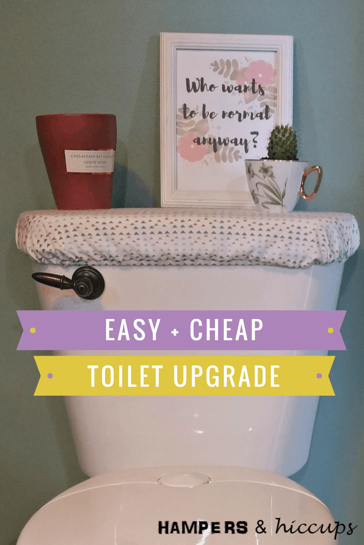 How to add instant interest to your bathroom. Easy DIY bathroom upgrade. Are you looking for a quick way to make your bathroom pretty? Simple project to bring texture, colour and fun to your bathroom. Easy DIY toilet tank upgrade. Turn that ugly toilet into something cute and pretty. Hide the toilet. How to make the bathroom more beautiful. How to upgrade my bathroom on a budget. Easy ways to upgrade the bathroom. DIY projects for the bathroom. #homemaking #diy #bathoom #renovation Inexpensive ways to upgrade a bathroom