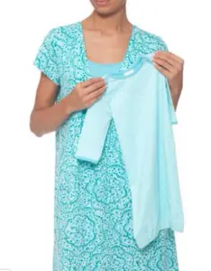 My Favorite Nursing Nightgown - from the opinion of a mom who is pregnant and will be nursing her 8th child! "I am currently pregnant with my eighth live child and just purchased my favorite nursing nightgown online and thought I would tell you about it." #Breastfeeding #Nursing #NursingNightgown #MaternityPajamas #Maternity #HampersAndHiccups My favorite nursing nightgown teal maternity gown and coordinating baby gown