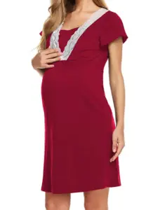 My Favorite Nursing Nightgown - from the opinion of a mom who is pregnant and will be nursing her 8th child! "I am currently pregnant with my eighth live child and just purchased my favorite nursing nightgown online and thought I would tell you about it." #Breastfeeding #Nursing #NursingNightgown #MaternityPajamas #Maternity #HampersAndHiccups Nursing nightgown in wine red color on a model