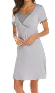 My Favorite Nursing Nightgown - from the opinion of a mom who is pregnant and will be nursing her 8th child! "I am currently pregnant with my eighth live child and just purchased my favorite nursing nightgown online and thought I would tell you about it." #Breastfeeding #Nursing #NursingNightgown #MaternityPajamas #Maternity #HampersAndHiccups Maternity nightgown in light gray modeled on a woman