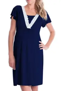 My Favorite Nursing Nightgown - from the opinion of a mom who is pregnant and will be nursing her 8th child! "I am currently pregnant with my eighth live child and just purchased my favorite nursing nightgown online and thought I would tell you about it." #Breastfeeding #Nursing #NursingNightgown #MaternityPajamas #Maternity #HampersAndHiccups Maternity nightgown in navy modeled on a woman