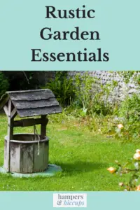 Rustic Garden Essentials wooden well adorns a flower garden hampersandhiccups