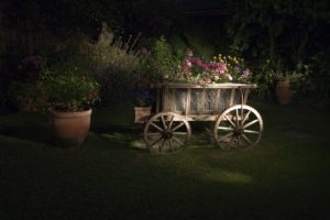 Rustic garden wooden wagon and clay pots of flowers