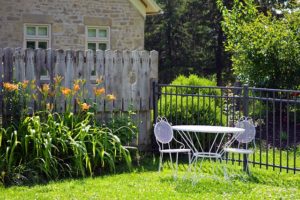 Summer Backyard tiger lily chairs table grass fence