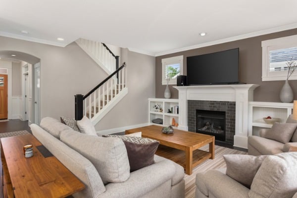 beautiful living room interior with hardwood floors and fireplace 1