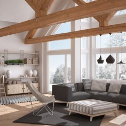 living room of luxury eco house parquet floor and wooden roof trusses