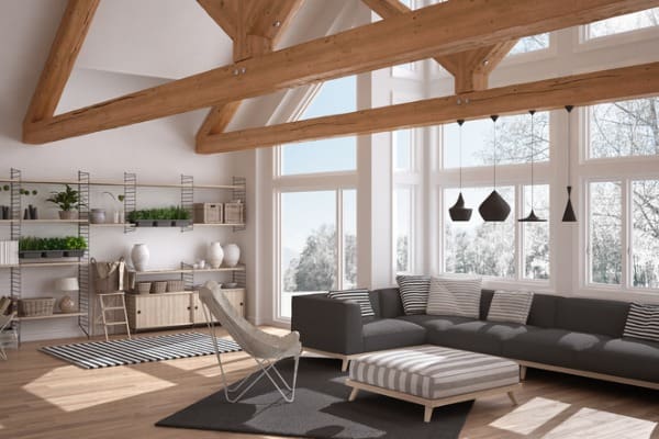 living room of luxury eco house parquet floor and wooden roof trusses