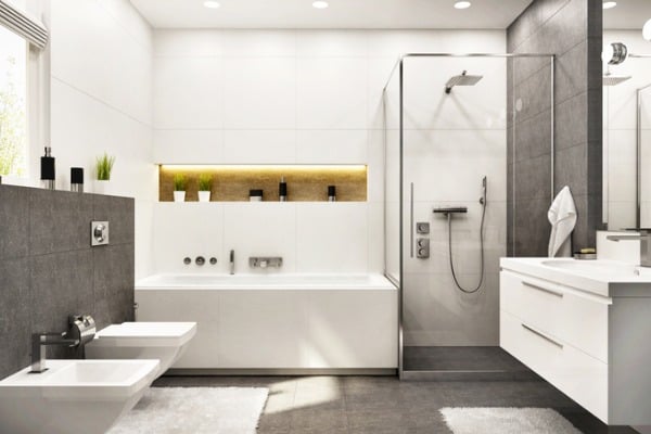 modern white bathroom with bath and window