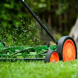 rotary push mower with orange wheels cutting the grass