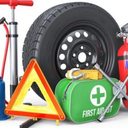 set of automotive accessories spare wheel fire extinguisher first aid