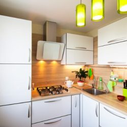 white and brown interior for small kitchen
