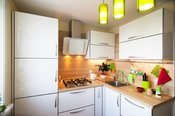 white and brown interior for small kitchen