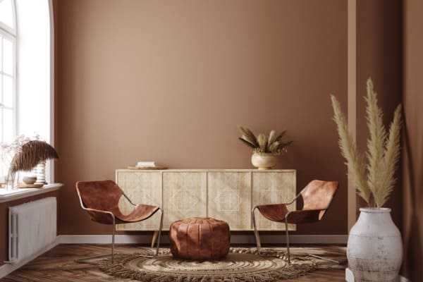 home interior with ethnic boho decoration living room in brown warm