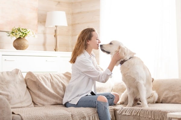 woman hugging her beloved big white dog animal communication concept