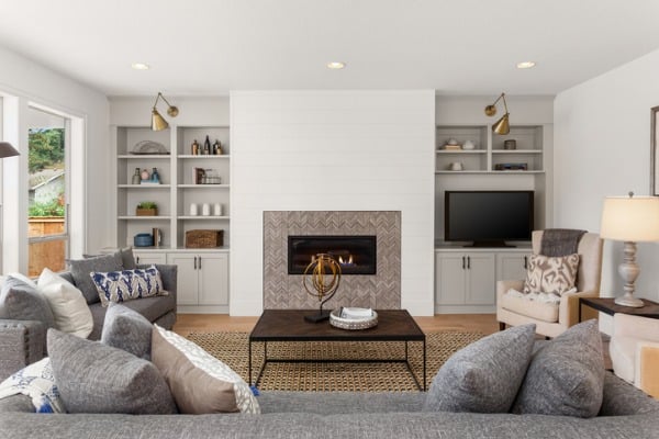 beautiful living room interior with hardwood floors and fireplace